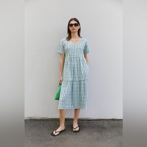 OAK + FORT Light Blue Checkered Midi Dress